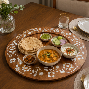 Plateau de service en bois fait main de qualité supérieure avec incrustations en os |   Plateau rond décoratif à motif floral pour table à manger, décoration de la maison et cadeaux - Product Image 3