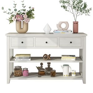 Consolle Antica Bianca con Gambe in Legno, 3 Cassetti e 2 Ripiani Aperti, Tavolo da Ingresso/Divano in Pino per Appartamenti - Product Image 4