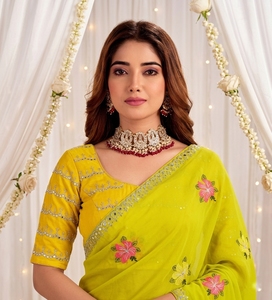 Sari de Seda Verde AARA Fashion con Diseño Floral para Mujer, Estilo Tradicional Indio-Pakistaní, Largo hasta el Suelo, Corte Regular, para Bodas - Product Image 6