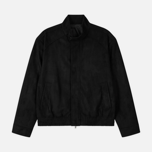 Men's <b>Black</b> <b>Suede</b> Bomber <b>Jacket</b> Stand Collar Zipper Closure Casual Autumn Wear Regular Fit - Product Image 1