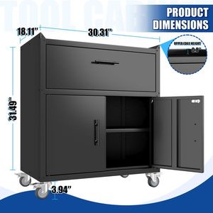 2-Door + 1-<b>Drawer</b> Lockable Metal Tool Cabinet Garage Storage with Rolling Wheels for Home or <b>Workshop</b> - Product Image 3