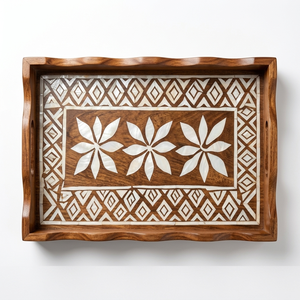 Plateau en bois Papdi artisanal Bela, incrustation nacre, motif floral, rectangulaire, pour servir des en-cas, plateau décoratif pour l'hôtellerie - Product Image 1