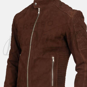 Veste en cuir suédé marron chocolat de qualité supérieure pour homme, coupe ajustée, matelassée losanges, style motard, col montant élégant, manteau d'hiver - Product Image 5