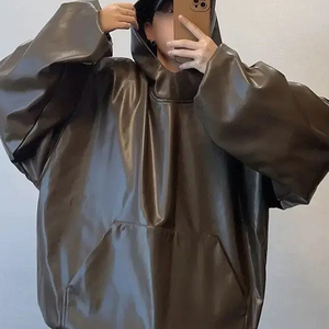 Sweat à capuche pour homme en cuir véritable de qualité supérieure avec doublure intérieure douce et confortable, capuche ajustable sur toute la longueur, bordure côtelée, service OEM - Product Image 5