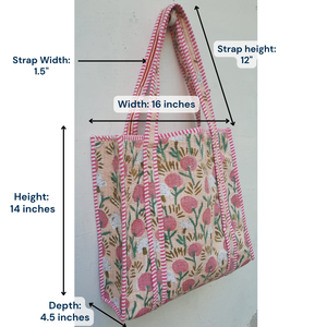 Bolsa de tela de algodón premium personalizada con estampado a mano de Jaipur, diseño floral, ribete a rayas rosas, sostenible, lavable a máquina. - Product Image 1