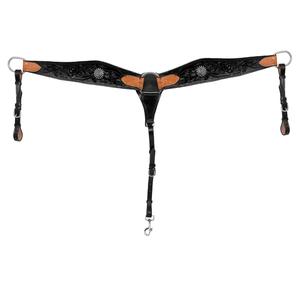 Cabezada, pechopetral y riendas de cuero negro estilo western con adornos florales, conchos y tachuelas metálicas, cómodos y duraderos, marca LLT - Product Image 2