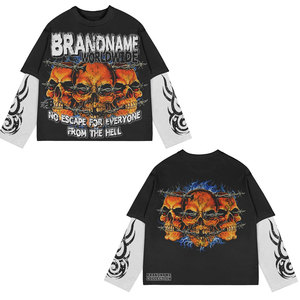 เสื้อยืดแขนยาวโอเวอร์ไซส์ผู้ชาย แบรนด์เนม ลายพิมพ์หัวกะโหลก สไตล์สตรีทแวร์ คอกลม แต่งขอบตัดกัน ผ้าเจอร์ซีย์คอตตอน 100% - Product Image 6