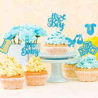 24 décorations de gâteaux bleues à paillettes pour baby shower, avec motifs nœud papillon, barboteuse et biberon, pour révélation du sexe et fête d'anniversaire