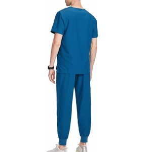 Trending Nursing Suit Men <b>Blue</b> V-Neck <b>Scrub</b> Set Cotton Polyester Woven Hospital Uniforms Pants with Pockets - Product Image 2