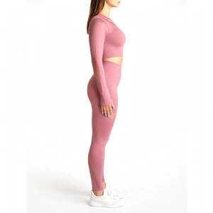 Women's <b>Pink</b> Two-Piece Yoga Set Stand Neck Asymmetric Custom OEM Design High Elastic Waist Closure Seamless Breathable - Product Image 6