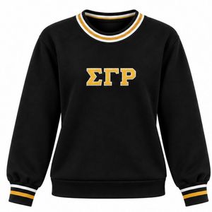 Suéter Negro con Cuello Redondo y Letras Griegas ETP Doradas, Ribete a Rayas Blanco y Dorado, Ropa Personalizada para Hermandades Universitarias - Product Image 1