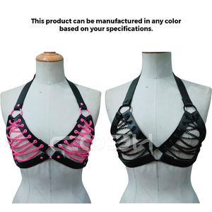 Harnais en cuir noir avec soutien-gorge à lacets rose - Product Image 6