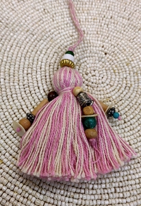 Bohemian Pink Fabric Tassel Keychain With Beads For Entryway Decor - Product Image 5