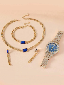 NW1395 Relojes de Diamantes para Mujer, Relojes de Pulsera Creativos de Acero con Diamantes, Relojes de Cuarzo, Pulseras, Collar y Pendientes, 4 Piezas - Product Image 4