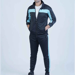 Survêtement pour homme noir et bleu à blocs de couleur, fermeture éclair intégrale, col montant, coupe classique, tenue sportive d'automne avec poches latérales - Product Image 1