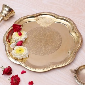 Designer Storage Brass Pooja Thali Set Antique Design Puja <b>Plate</b> with Diya Bell Kalash Temple <b>Decor</b> - Product Image 2