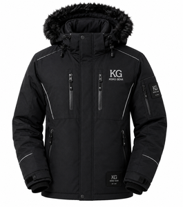 Veste d'hiver unisexe de qualité supérieure |   Veste décontractée en tissu de laine imperméable, coupe-vent et thermiquement isolante, à motif à pois, avec capuche en fausse fourrure - Product Image 3