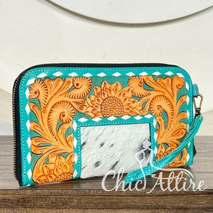 Super September Sunflower Design Mini Bag Genuine Cowhide Hand Tooled Leather <b>Zipper</b> Pattern For Ladies Every Day Use <b>Wallet</b> - Product Image 1