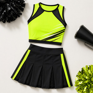 Ensemble d'uniformes de pom-pom girl personnalisés pour femmes, vert lime néon et noir, tenue de performance pour femmes - Product Image 6