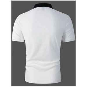 Polo en tricot à manches courtes pour homme, style décontracté chic, à blocs de couleur et rayures, avec fermeture éclair, blanc, gris, noir - Product Image 4