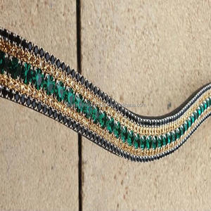 Alta calidad personalizada 5 filas verde esmeralda cristales dorados y negros combinación Mega Bling negro inglés cuero caballo ceja banda - Product Image 4