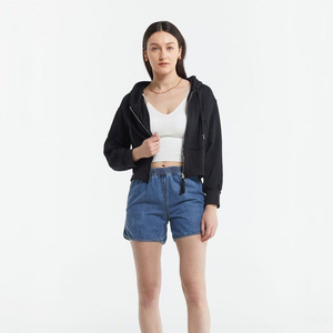Custom Print Women's Black Crop Hoodie Wholesale Full Sleeve Drop-shoulder Solid Color Knitted Cotton Lined <b>Long</b> <b>Sweatshirt</b> - Product Image 3