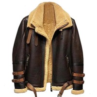 Veste aviateur en cuir marron foncé pour homme, avec trois boucles aux poignets, manteau d'hiver en peau de mouton véritable, doublure en polaire chaude, vêtement d'extérieur
