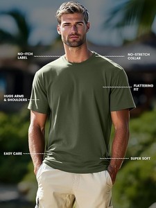 T-shirt décontracté pour homme en jersey de coton vert olive à manches courtes, coupe classique, col rond, respirant, couleur unie, tricoté - Product Image 2