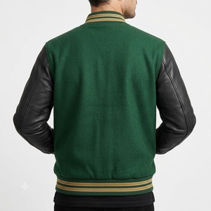 <b>Men's</b> Green Varsity <b>Jacket</b> With Black <b>Leather</b> Sleeves Button Closure Turn-down Collar Casual Fleece <b>Jacket</b> Autumn Wear - Product Image 3
