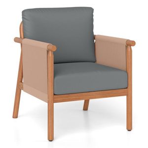 Sedia in Legno di Acacia Grigia Stile Boho con Braccioli in Corda Intrecciata, Sedia Imbottita da Esterno per Portico e Balcone - Product Image 1