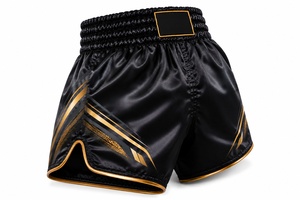 Pantalones Cortos Tailandeses Unisex Personalizados, Negros con Estampado Dorado, Poliéster Elástico, Ropa de Artes Marciales, Corte Regular, Talla Adulto, OEM, Ligeros - Product Image 4