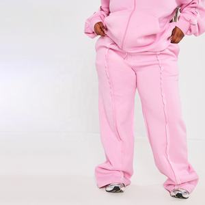 Más tamaño rosa claro de gran tamaño de pierna ancha costura pantalones de chándal con capucha cremallera sudaderas para mujeres - Product Image 2