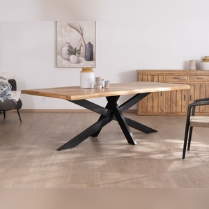 Vandana Ivory Matter 200cm <b>dining</b> <b>table</b> with mango wood <b>top</b> and natural edges Presolino metal cross legs - Product Image 1