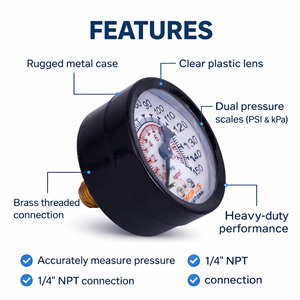 Hydroplus International Brass Analog Pressure <b>Gauge</b> 0-150 PSI DN65 Back Connection BSP 1/4 Male <b>Thread</b> Black Dial - Product Image 3
