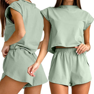 Ensemble de survêtement 2 pièces pour femme, style Hip Hop, avec logo personnalisé, pour l'été, manches courtes, 100% coton, séchage rapide, écologique, pour la gym et le fitness - Product Image 6