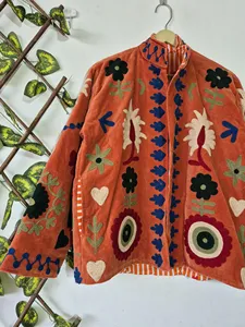 Premium Orange Soft <b>Velvet</b> Suzani Embroidery <b>Jacket</b> Love & Floral Print Full Sleeve Stand Collar Boho Chic <b>Women's</b> Autumn Coat - Product Image 3