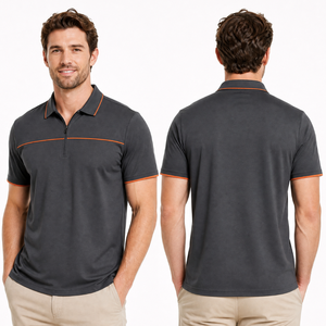 Custom Men Quarter Zip <b>Polo</b> Shirt dark Grey <b>Orange</b> Piping Short Sleeve shirt Breathable quick Dry regular fit shirt - Product Image 4