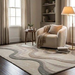 Modern Neutral Beige Area <b>Rug</b> Soft Abstract Wave Design <b>Hand</b> <b>Tufted</b> Carpet Neutral Beige Grey Large Livingroom Bedroom Decor <b>Rug</b> - Product Image 1
