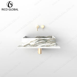 Évier rectangulaire mural en marbre RICO GLOBAL avec robinet à bouton plaqué or, design minimaliste pour salle de bain - Product Image 2