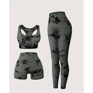 3 pcs Seamless Yoga Set, Sports Fitness Tie-dye High-waist Butt-lifting Leggings and <b>Shorts</b> - Product Image 6