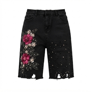 High Waist Denim <b>Shorts</b> With Floral <b>Sequin</b> Embroidery Distressed Hem Bohemian Style Breathable Summer Women's <b>Shorts</b> - Product Image 6