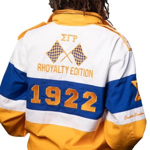 เสื้อแจ็คเก็ตรถแข่ง Sigma Gamma Rho สำหรับผู้หญิง สีน้ำเงินทอง แบบ Colorblock Bomber สไตล์กรีก ซิปหน้า สวมใส่สบายๆ สไตล์สตรีทแวร์ - Product Image 2