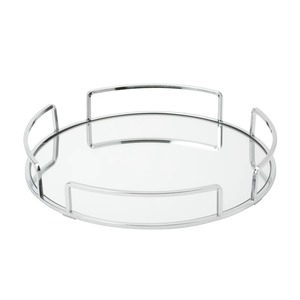 <b>Round</b> Glass Storage Tray With Polished Metal Frame Minimalist Design For Table Use Single Tier Easy To Clean - Product Image 2