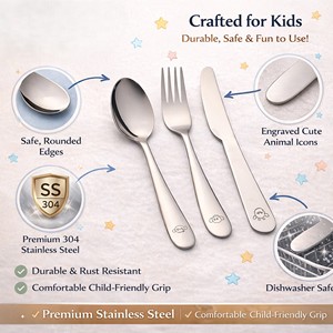 Juego de Cubiertos para Niños de Acero Inoxidable, Libre de BPA, Cuchara, Tenedor y Cuchillo |   Vajilla Duradera, Ecológica y Resistente a la Oxidación |   Plata - Product Image 5