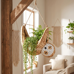 Water Hyacinth Sloth Planter, Woven Natural Fiber <b>Hanging</b> Plant Holder, Animal Shaped Pot for Boho Home Decor - Product Image 3