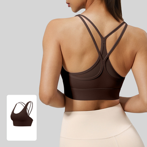 Soutien-gorge de sport marron pour femme avec dos croisé et empiècements en mesh, maintien moyen, idéal pour le yoga et l'entraînement, design respirant sans coutures - Product Image 1