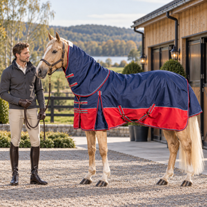 Couverture de pluie pour cheval 1200D XL-Gusset avec col détachable, imperméable, pour l'extérieur |   Équipement d'équitation respirant en ripstop bleu marine et rouge - Product Image 2