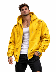 Sweat à capuche unisexe zippé effet vieilli, coupe oversize en molleton, style streetwear, avec poches, 100% coton - Product Image 1