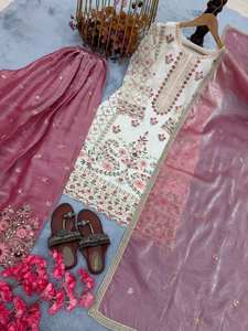 Conjunto de Fiesta de Diseñador GMY: Top de Seda con Bordado y Lentejuelas, Pantalón Plazzo y Dupatta, Traje Étnico Completamente Cosido para Mujer, Tallas M, L, XL, XXL - Product Image 2