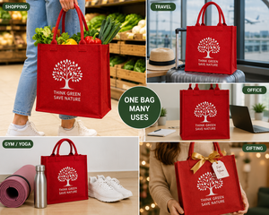 Red Jute Shopping Bag <b>Think</b> Green Save Nature Tree Design Medium Size Hand Carry Tote Bag - Product Image 3